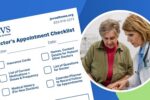 Image of the free JEVS Care at Home "Drs. Appointment Checklist" next to a photo of a senior patient with her doctor.