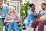 Two images, one showing a home health aide with a disabled client and a second showing a nurse treating a client in the home