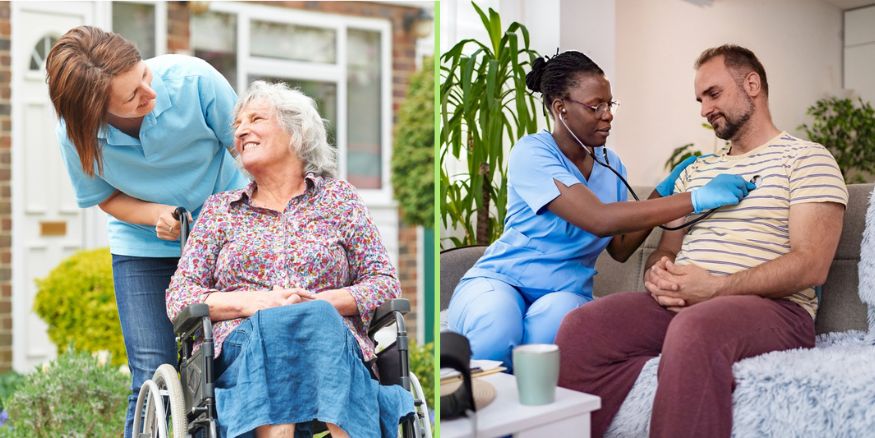 Two images, one showing a home health aide with a disabled client and a second showing a nurse treating a client in the home